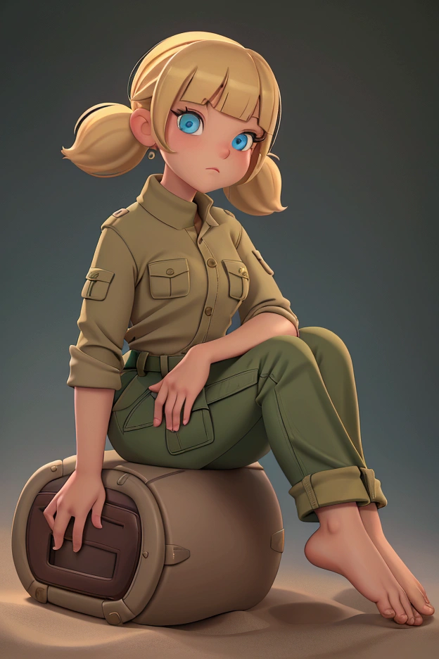 masterpiece, best quality, 1girl, penny, blonde hair, pigtails are also straight up,  blunt bangs, blue eyes, a pink crop top, green sleeves, green turtleneck, brown khaki cargo pants, brown belt with silver buckle, barefoot, (Wide flares on khaki cargo pants:1.2), sitting down on sand, full body, sea, sand, tropical island background, feet on camara,