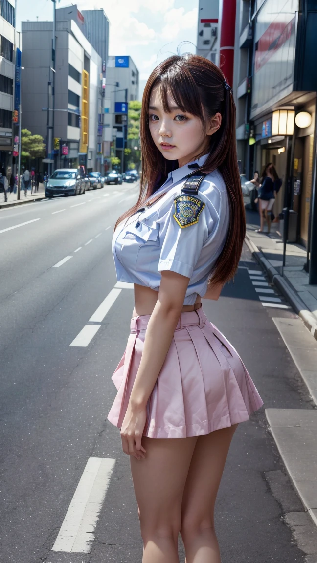 16K, (masterpiece:1.4), (best quality:1.4) ,8K,cinematic lighting,((best quality)), (masterpiece) , (realistic shadow) , depth of field:0.3,(intricate details:1.4), 1women,Japanese,(Super beautiful),(beauitful face:1.5),(A detailed face:1.5),(lip stick:1.1),(eye line:1.2),mascara,eyeshadows,(Slender body:1.3),brown eyes,(Brown mideum wave hair:1.3),(asymmetrical bangs),(Japanese women police uniform:1.5),(detailed panties),A crowded street in Shibuya, at night,((mideum shot:1.3)), japanese police uniform,(mideum shot:1.5),(front view:1.3), BREAK (shirtlift),(no bra:1.5),(realistic nipples:1.1),(huge pale areola:1.2),Glasses,(above knee shot),
