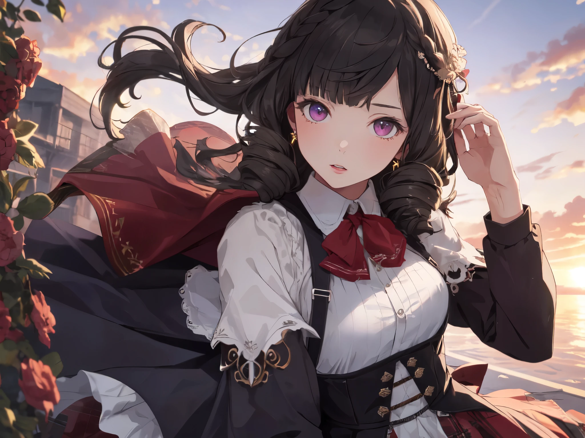 Solo, 1 girl, (human ear, earring), (black hair), (lying on ground with arms raised, sexy pose), (sexy expression), (hair accessories), (suspenders, garter belt stockings, skirt, cape), (sunset sky, sunset, evening sky), (focus on breasts), (high resolution, masterpiece, accurate, anatomically correct, multiple award winning condition, best quality, detailed, high quality model, high quality, retina, highly detailed condition, ultra high resolution).