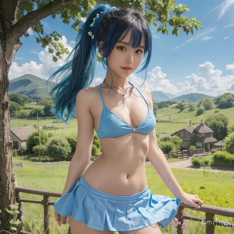 {{masterpiece}}, {{highest quality}}, {{Very detailed}}, {{figure}}, cinematic Lighting,Beautiful and delicate shine, Dynamic Angle, Depth of written border, Light_leak, wonderful, Fine details, 4K, 8k, Japanese Idols, Blue Hair, Elegant Model, Blue sky, Flower Field, Green pastures, Calm expression, Sparkling warm colors, Natural Attraction, blue bura, Curly Hair, A thin shawl-like outfit,Beautiful nipples,Small breasts,Flat Chest,Leaner figure,Small Ass,Slim legs and thighs,Thin cotton underwear,Thin string-shaped underwear,Pale pink underwear,A beautiful girl,A rare and beautiful slender girl,