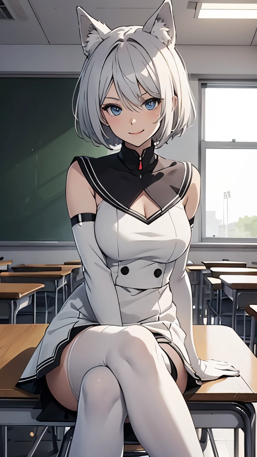 masutepiece　high-level image quality　Top image quality　8K　adult lady（Soio）　White Long Gloves（（blanche）（Long gloves））　white panty hose（blanche）　校服（（blanche）（Tube Top）a miniskirt）　Wolf ears　shorth hair（（short-cut）（White hair）（Habitual hair）（fluffly））　Eye color is blue　a smile　sit a chair　‎Classroom