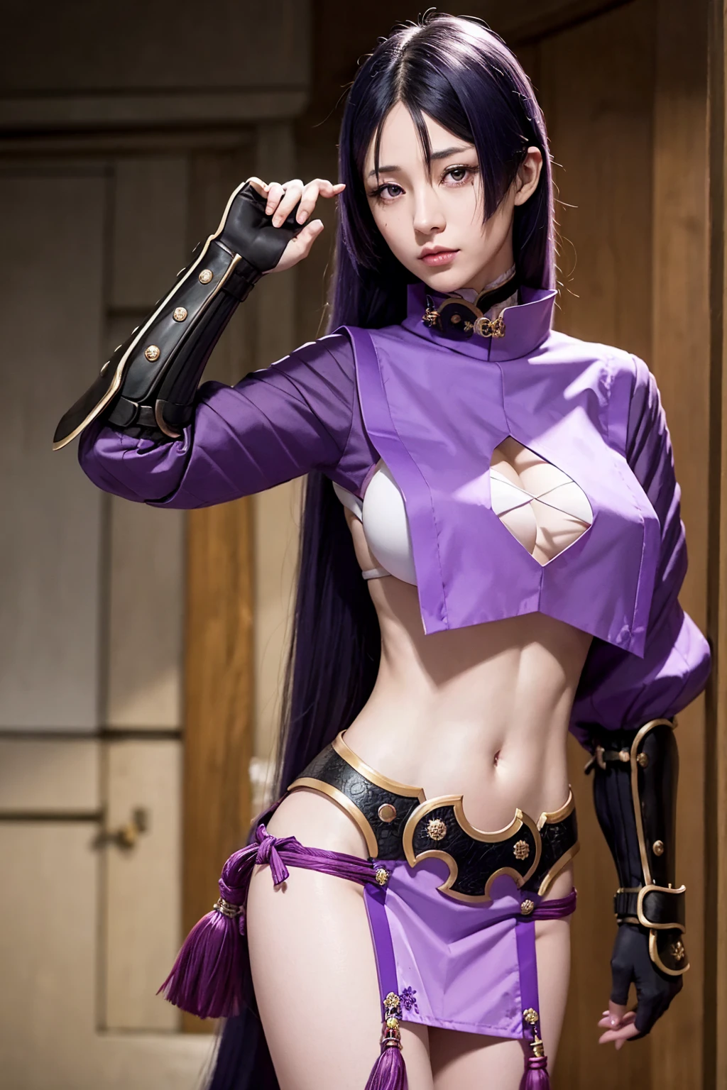  score_9,  score_8_up,  score_7_up,  split bangs ,  purple eyes,  purple hair,  long hair, hime cut, amount,  mature woman ,japanese sword, 
Arm guard, armor, black  gloves,  Bodysuit , fingerless  gloves,  gloves, japanese armor, , Loin cloth, purple  Bodysuit , Ribbed sleeves, Tabard,  adjusted,
 Watch Viewers,  cowboy shot,  Dutch Angle,