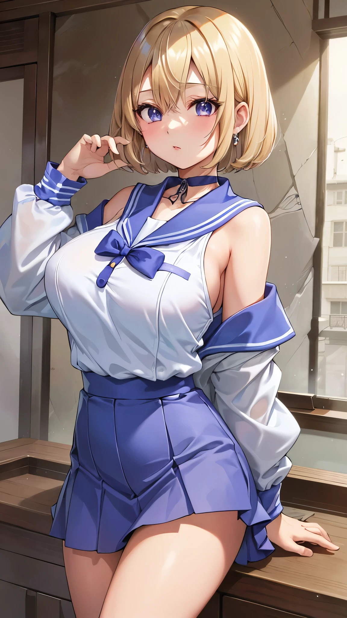 Umino Yuki 、 masterpiece ,  top quality、  top quality,(8k resolution),Beauty、(  looks like an adult), （  Sexy Perfect Style  ）、(  Big Breasts  )、  blonde bob cut、(White and blue sailor suit)、(  blue skirt)、(( Bring your chest closer ))、  purple eyes、 purple earrings 、 purple choker 