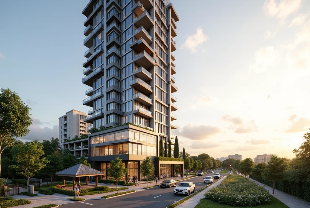 This image showcases a modern, high-rise residential building, likely part of a larger complex.  The tower's facade features a sleek design with dark-tinted glass and subtle metallic accents, creating a sophisticated and contemporary aesthetic.  The numerous balconies suggest ample outdoor space for residents.

The building stands tall against a backdrop of a soft, early morning or late afternoon sky.  The warm sunlight illuminates the facade, highlighting its architectural features.  At the base of the building, landscaped green spaces, walkways, and a gazebo provide recreational areas for residents.  A few cars and pedestrians are visible, suggesting a vibrant and active community.  The name "The Harmony" implies a peaceful and well-integrated living environment.  The overall impression is one of a modern, upscale residential development offering a comfortable and convenient lifestyle. Overall Quality: Photorealistic: The gold standard, aiming for indistinguishable from a photograph. Realistic: Achieves a believable representation of the architecture, even if not perfectly photorealistic. High-fidelity: Detailed and accurate, capturing the nuances of the design. Low-fidelity: Simpler, perhaps conceptual, with less detail. Stylized: Deliberately deviates from realism for artistic effect. Abstract: Focuses on conveying the essence of the design rather than a literal representation. High-resolution: Large image dimensions, allowing for detailed viewing and print