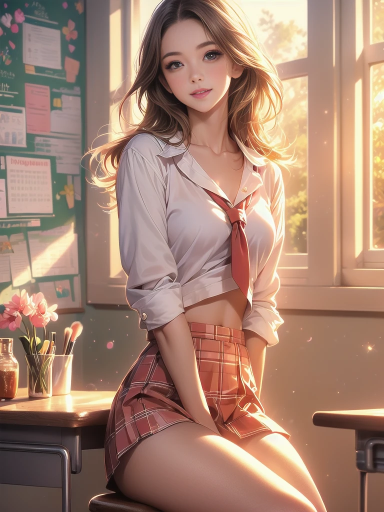 ((Mesa, Best Quality, high resolution, NFFSW, pixel perfect, 4k, NFFSW, NFFSW))), 1 girl in, Single, Alone, beauty、full body seen、 ((short wavy hair, hits, Brown hair)), ((Brown Eyed, Beautiful eyelashes, realistic eyes)), ((detailed face, blush:1.2)), ((smooth texture:0.75, realistic texture:0.65, photorealistic:1.1, cg anime style)), medium breasts, dynamic angle, perfect body, ((red bow tie, , , White shirt, black skirt, plaid skirts))、School classes、early in the evening、shy laugh、Angle looking up from below、sit in a chair、 (The wind lifted my skirt、Touch the skirt with both hands.、、You can see all the buttocks.、White flower panties)、