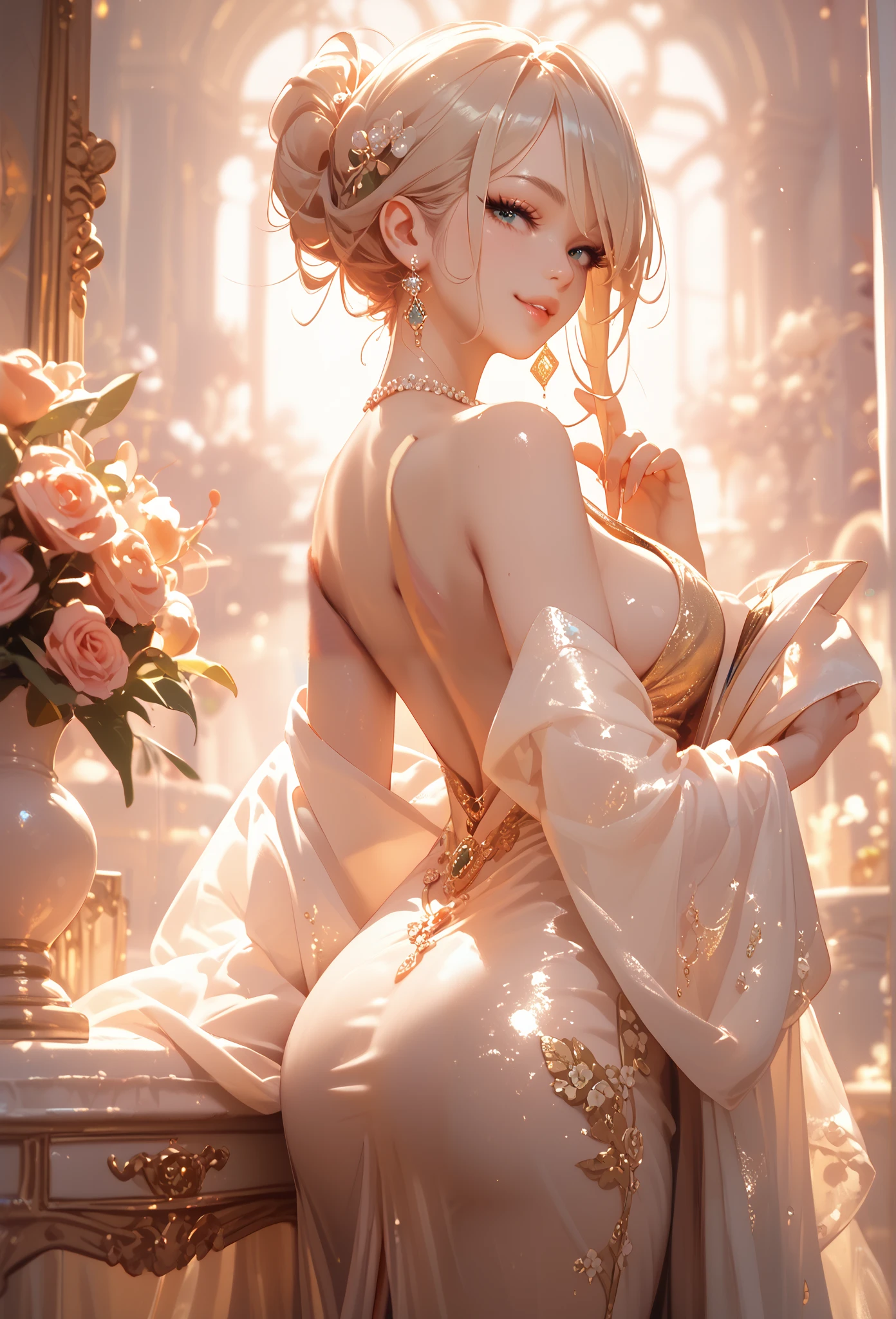 Elegant and beautiful, secretly sensual, kind friend , wearing only an open silk robe