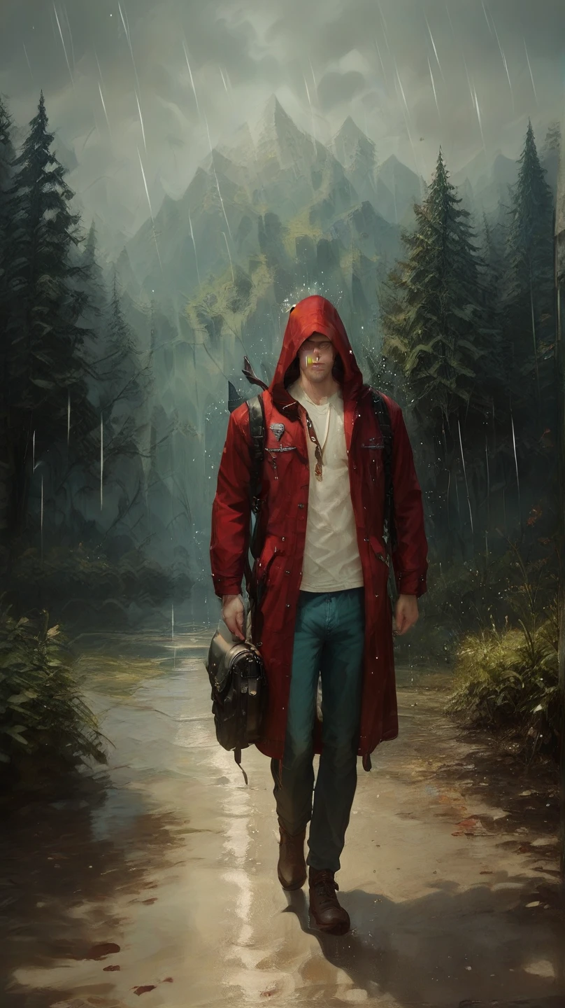 Image is a cinematic-style photograph featuring a group of people walking through a muddy, rain-soaked path in a forest. The central figure is a man with a rugged appearance, wearing a dark, weathered hooded jacket and carrying a large backpack. His face is partially obscured by the hood, with visible stubble and intense eyes. The lighting is dim, emphasizing the overcast, rainy atmosphere. The background is blurred, with other figures following behind, all dressed in similar outdoor gear. The overall color palette is muted, with earthy tones dominating the scene, enhancing the sense of a challenging journey through the wilderness.