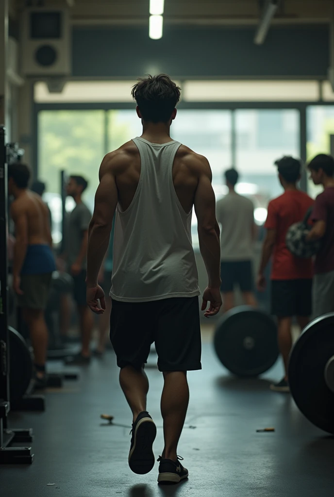 A simple gym, with exposed brick walls and old equipment. At the center, a determined young man named Lucas, of lean physique, but with an expression of great focus, lifting weights in a modest environment. Ao fundo, some friends observe with disdain, as he strives to fulfill his dream of becoming a champion. The light is soft, filtered through old windows, highlighting the young man&#39;s effort.

