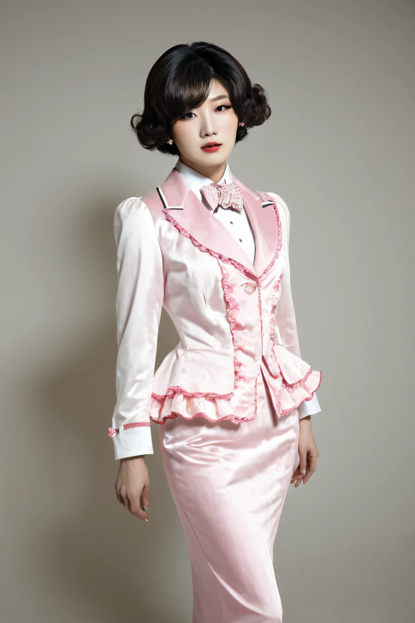 A Korean man in ladies vintage suit dress, he is crossdresser, big breast like a woman, slender female body, His hairstyle is short and manly, white and pink, Rich frills, long sleeves, mermaid skirt, silk