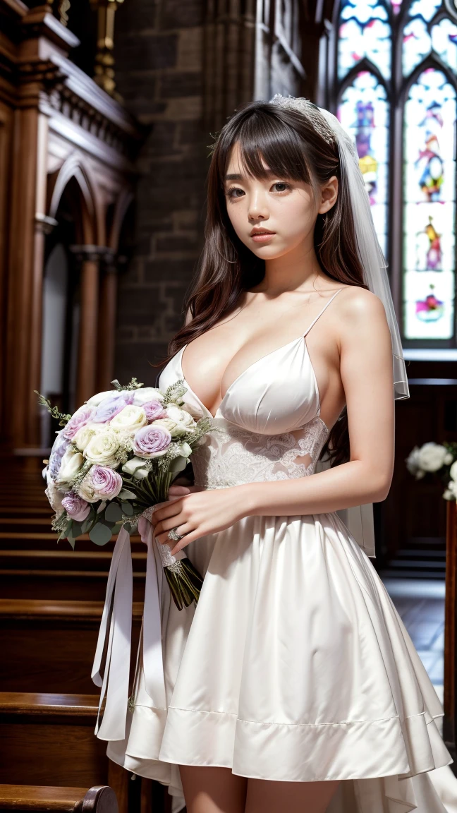 (Highest quality,masterpiece:1.3,Ultra-high resolution),(Very detailed,8K),(Realistic:1.4,RAW shooting)。Blurred Background、The best smile。A cute, petite 20-year-old woman、Full body pose。Plump figure。She is completely naked。Nipples are visible。Wedding Veil。Wedding Gloves。holding a bouquet of flowers。Big Necklace。belly button。pubic hair。White heels。Standing in a church with a large audience。