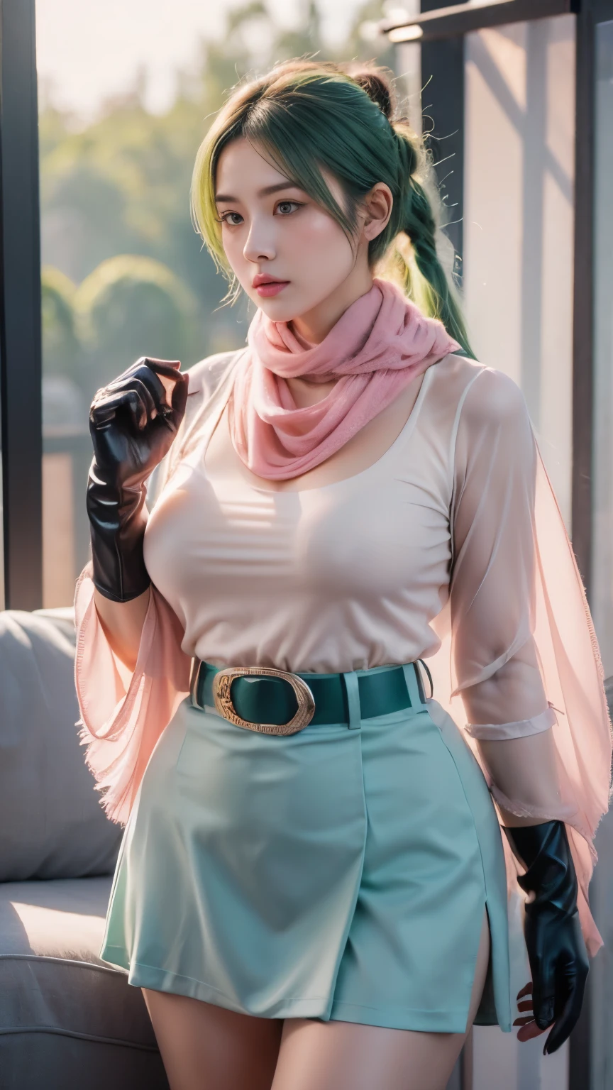 (Surreal,32K,RAW photos:1.1),(High Detail Skin:1.1), 8K Ultra HD, Digital SLR Camera, high quality, Film Grain, (cosmetic, mascara:1.1), Lips,(Gentle\Lips\), 
(Shiny, translucent clothing:1.1), Dragon Ball, bumboni, Light green hair, Headband, braided ponytails, Pink shirt, belt, scarf, Pink skirt, Clothes Writing, Brown gloves,, Huge breasts, 
(Looking at the audience, Bend forward:1.1), 
 (plump:1.1) ,  (Chubby:0.1),(Volumetric Lighting:1.1),Dark theme, Veil of Illusion, Glittering illusion, Change reality, Kingdom of Liars