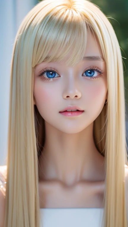  beautiful super long straight silky blonde that shines in a dazzling platinum color、Bright expression、Blonde girl posing in a white top、Long golden bangs between the eyes、 bangs that fall over the eyes、Glossy fair skin、Glowing Cheeks、 REAL GIRLS、first time々A **-****-*** girl with an innocent, ish appearance 、Beautiful girl with shining golden platinum blonde、beautiful, very dazzling, vibrant, incredibly bright, mint-green big eyes、Small Face Beauty、Round face