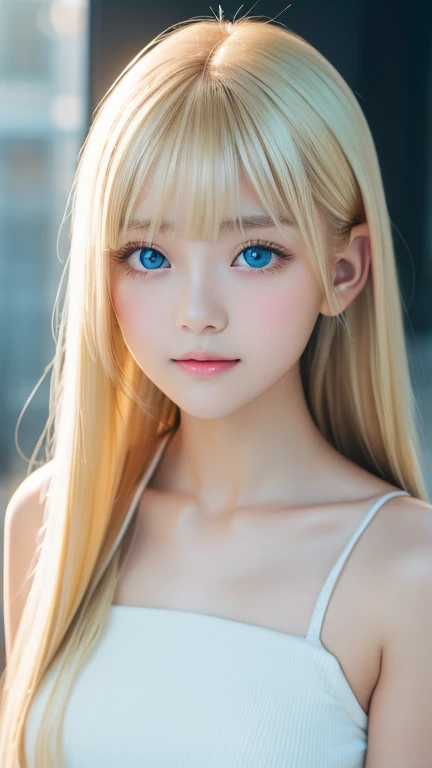  beautiful super long straight silky blonde that shines in a dazzling platinum color、Bright expression、Blonde girl posing in a white top、Long golden bangs between the eyes、 bangs that fall over the eyes、Glossy fair skin、Glowing Cheeks、 REAL GIRLS、first time々A -yeld giwith an innocent, ish appearance 、Beautiful girl with shining golden platinum blonde、beautiful, very dazzling, vibrant, incredibly bright, mint-green big eyes、Small Face Beauty、Round face