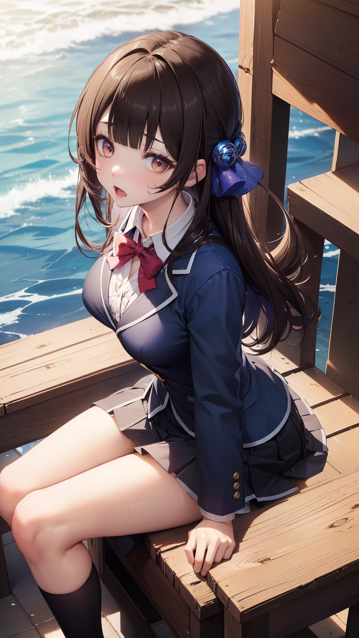 ((((masutepiece, Highest Quality, Best Quality, 1girl in, Solo, Beautiful anime、Detailed picture))))、18year old、A slender、slightly larger breasts、skinny thigh、((dark brown hair、Straight、Longhaire、Brown-eyed、rounded eyes、Clear department、、)),((Schools、‎Classroom))、((Dark blue blazer、Dark blue skirt、School uniform、bow ribbon、lowfers)))、astonished face、Impatient expression、Open mouth、opens his eyes wide、NSFW、(((、Fluid overflowing from the female genitalia、Fluid overflowing from the female genitalia、dildo、open one's legs、insertion、masturbate、)))、(Sit on a wooden chair、shot from a side angle)、Photo from the knee up、