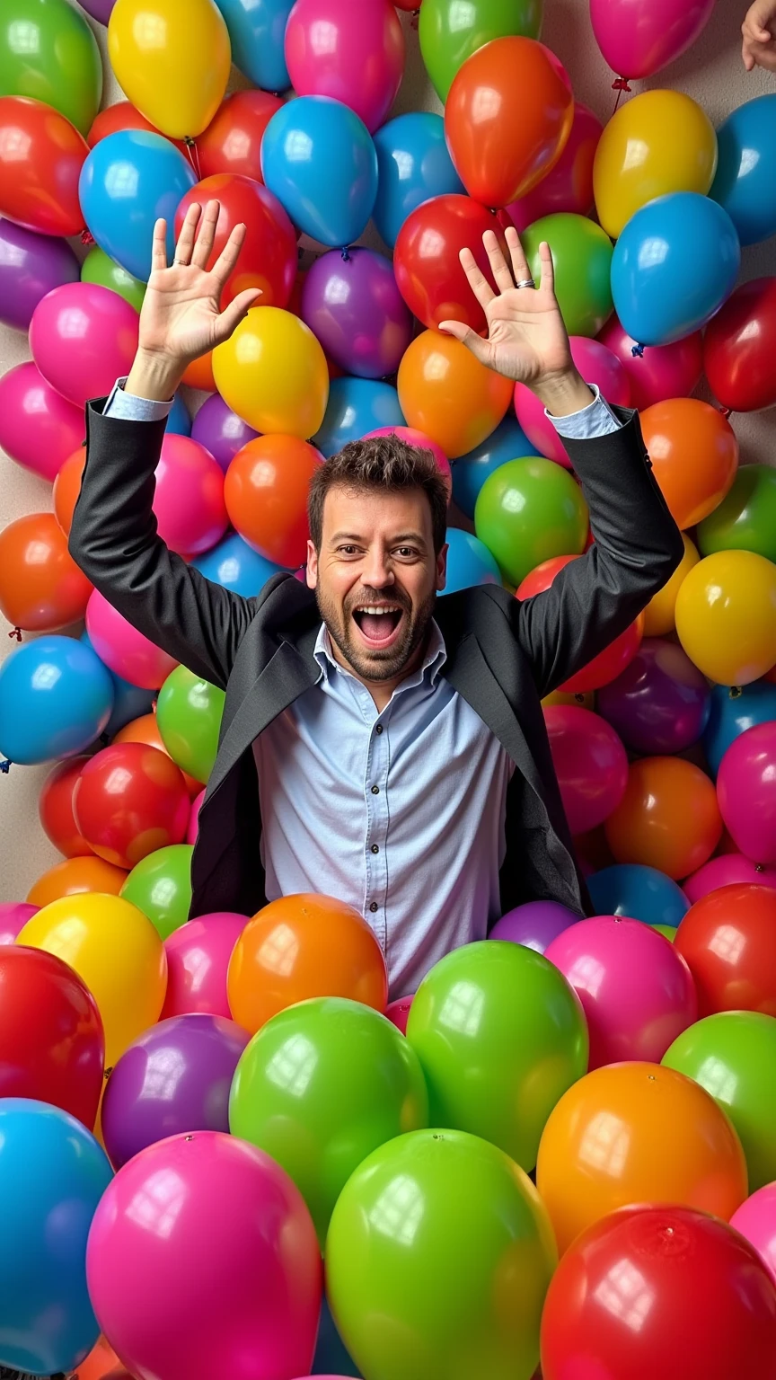 "A playful and vibrant scene completely filled with colorful balloons of all shapes and sizes, covering almost the entire frame. A cartoonish man bursts through the balloons in a dynamic leap, scattering them in every direction. His arms are raised high, and his face shows an exaggerated expression of joy and excitement. The balloons have a variety of textures—shiny, matte, and metallic—and are packed tightly, creating a dense and lively atmosphere. The background is abstract and blurred to focus on the chaos of the balloons and the man’s energetic movement. Highly detailed, whimsical yet semi-realistic style." 
