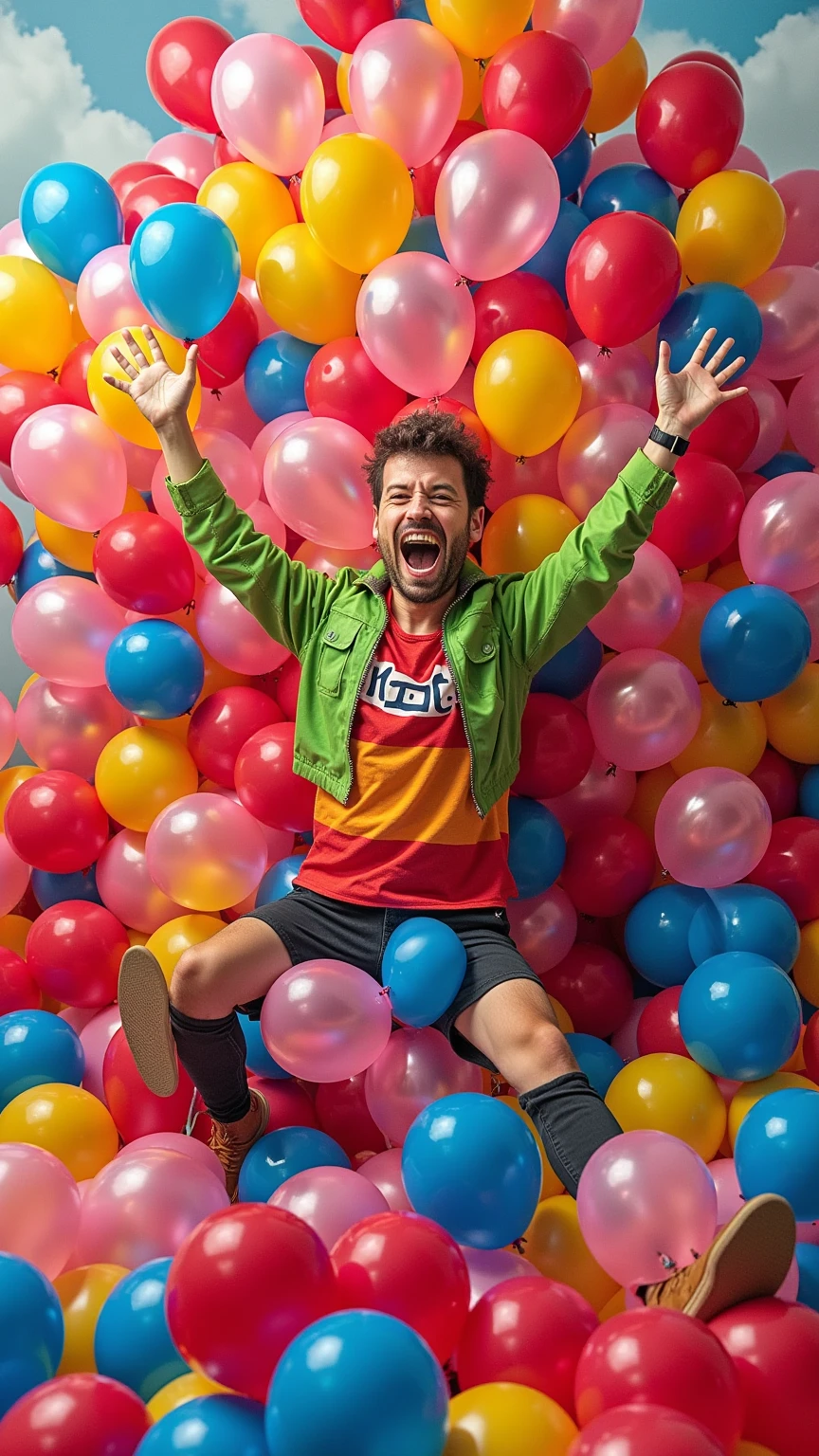 "An explosion of color with countless balloons tightly packed, filling the entire image. A cheerful man leaps dramatically from behind the balloons, scattering them in mid-air. His pose is exaggerated and celebratory, with arms raised and a huge, playful grin. The balloons are vivid and varied, featuring shiny, transparent, and patterned designs, creating a layered effect. The background is minimal or blurred, ensuring the focus is entirely on the balloons and the man's energetic movement. High detail, fun, and dynamic in a semi-realistic cartoon style." 
