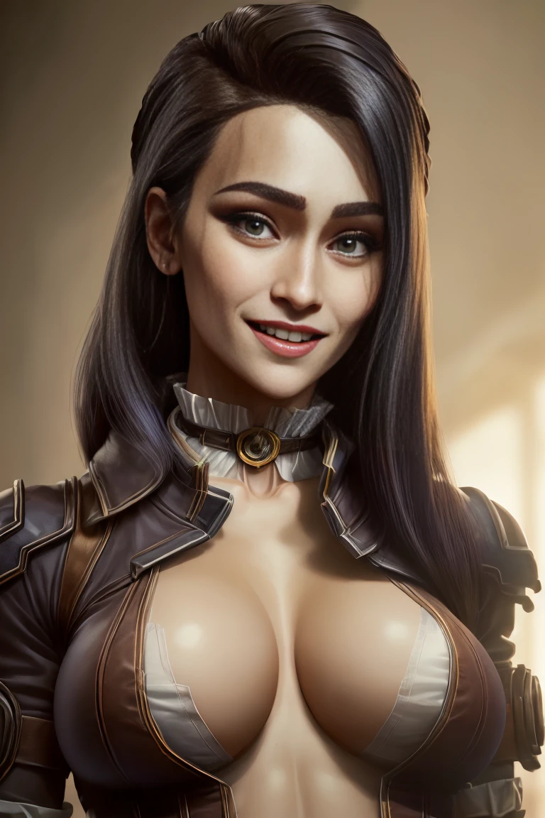 ((caitlyn wears her arcane costume), front shot, tousled hair, (Aesthetics and atmosphere:1.2),smiling, laugh, breasts,  big breasts,  High resolution,  masterpiece, Preciso, Anatómicamente correcto,  Awarded many times , Detail, HD model, Details altos,  anatomy, quality, Retina,  very detailed ,  Textured leather, UHD, Shine,  detailed face , detailed body, detailed model, face shot