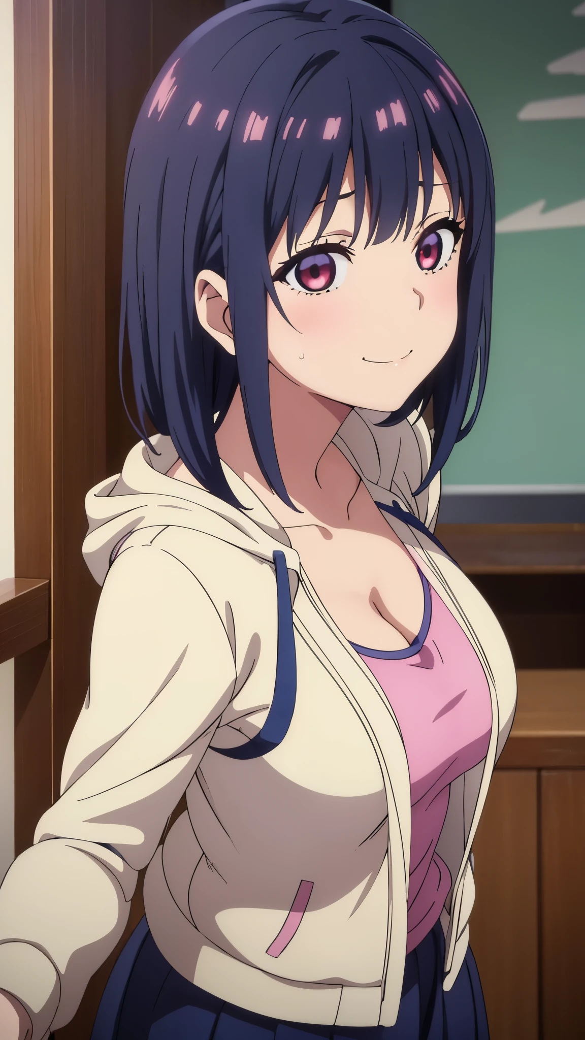 (((masterpiece))),fuyumi itadori, Anime girl characters, 1girl, solo, looking at viewer, medium hair long sleeves, cleavage, bigger breasts, closed mouth, collarbone, jacket, open clothes, open jacket, blue jacket, ground vehicle, sports bra, tall girl, horny, big ass, beautiful face,Charming, anime visual of a cute girl, screenshot from the anime film, & her expression is solemn, ahegao face, in the anime film, in an anime, anime visual of a young woman, she has a cute expressive face, still from anime, perfect breasts, she is tall, All bodies visible, ahegao face, the face is ahegao, she is horny, A perverted face, she so perverted, she smile so perverted, hd picture, 4k quality, details of the face is so good,bigger breasts, ,change her face and make her face hd and pretty😍, make her face like nakano ichika , she is masturbating, Office worker clothes, Office workers, full body!! , Flirting