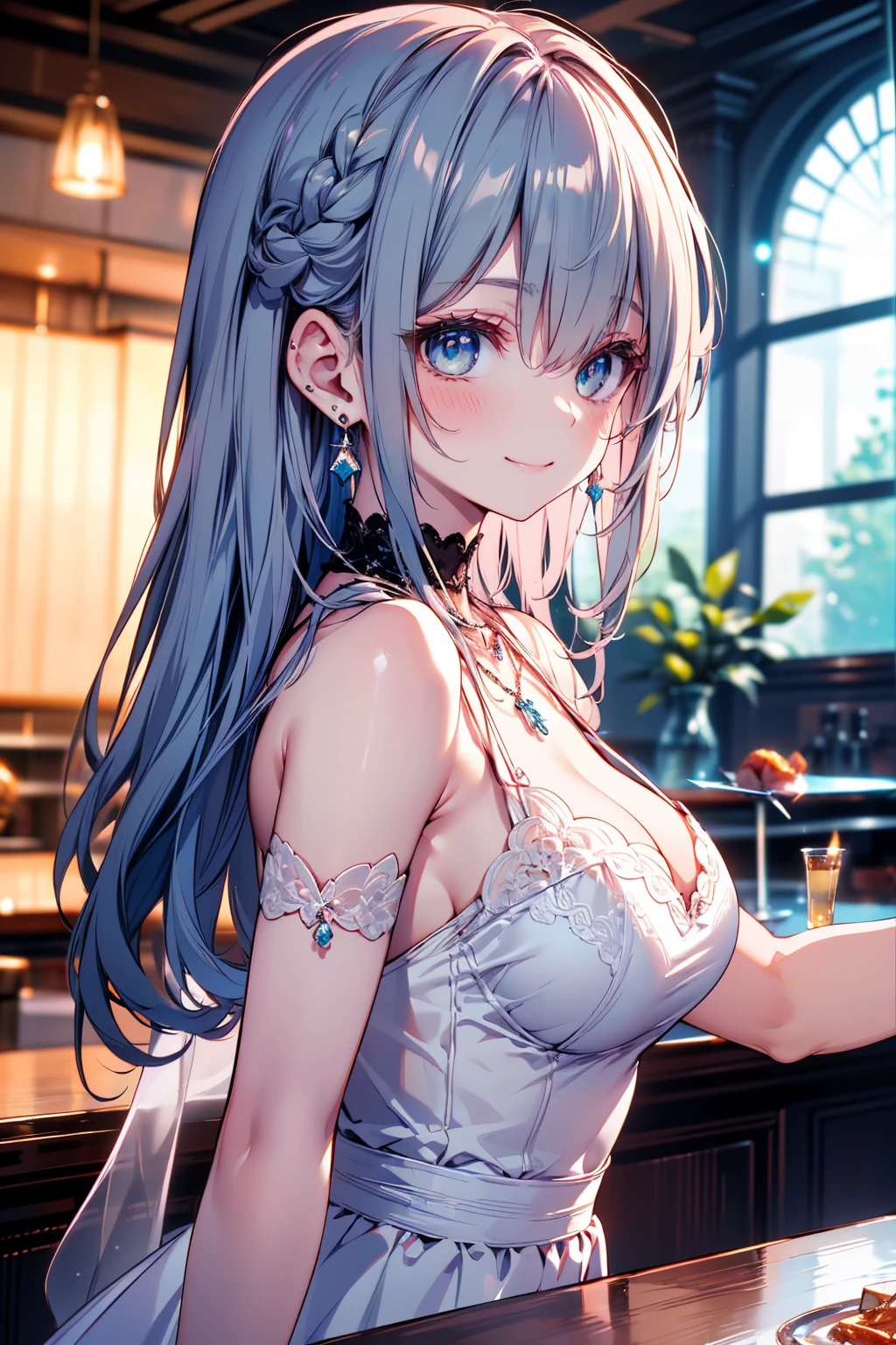 whaite hair，long  white hair，White-haired，Jacaranda headdress，Royal sister temperament，high and cold，goddes，Bikini swimsuit，white swimsuits，Erotic lingerie，Pornography，AS-Adult，巨作，Light and shadow details，Kizi，Metering，Blue cocktail goblet in hand，The background is tasteful，Noble，luxury goods，Elegance，Delicate skin，eye detailed，Blue pupil，gold choker，World Masterpieces，super definition，8K，heroines，gaming character，quadratic element，Skinny cheeks，huge tit，Bigchest，Large breasts，The chest is coming out，white swimwear，swim wears，Cephalic body，Face the lens，Disgusted eyes，Tsundere，The head does not change，The painting style is different，detail-rich，largeeyes
