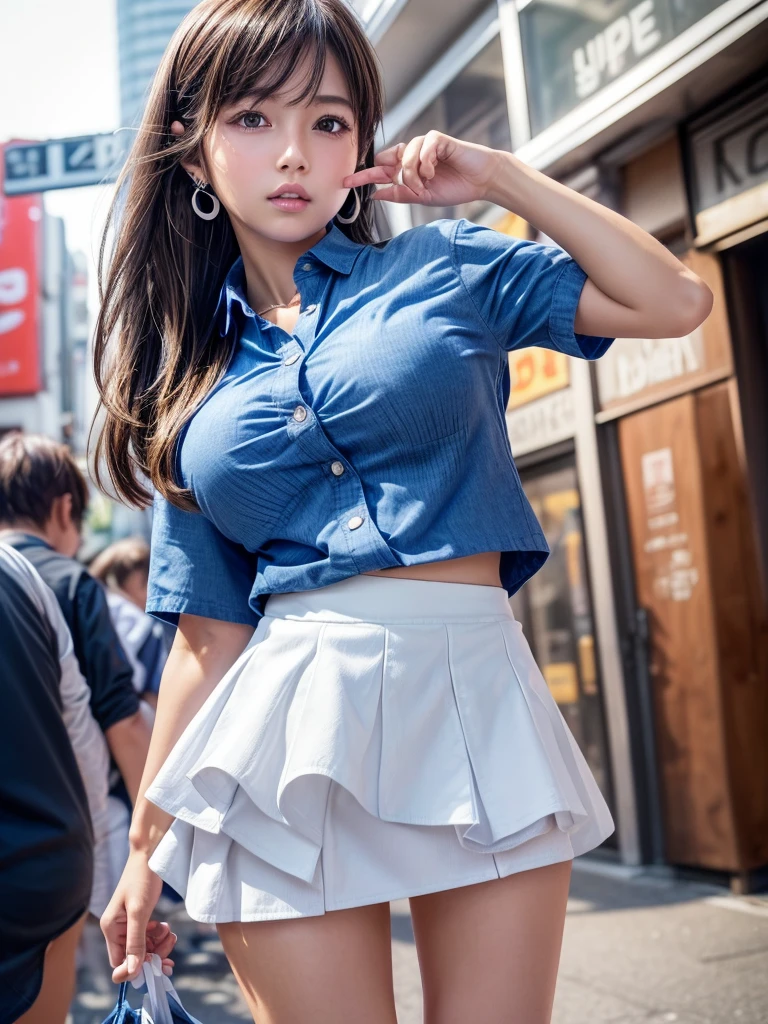 (Canon RF85mmf/1.2,masterpiece,Highest quality,Ultra-high resolution)((美しい太めのムチムチした太めの女性20-year-oldソロ)) ((Highest quality、8K、masterpiece))((Photogenic quality:1.5))A plump, chubby, super busty body、((Plump round face))Highly detailed CG Unity 8k wallpaper, Highest quality, Super detailed, masterpiece, Realistic, photo Realistic, Highly detailed cute girl, 20-year-old, (Skirt flip), ((Full-body shot of a miniskirt blown up by a strong wind, revealing her panties:1.5))Panty Focus, A blushing, embarrassed look, View your viewers  , Show off your plump thighs、 Cute T-Shirts  , On an empty city street、Braids、