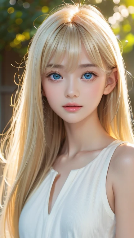  beautiful super long straight silky blonde that shines in a dazzling platinum color、Bright expression、Blonde girl posing in a white top、Long golden bangs between the eyes、 bangs that fall over the eyes、Glossy fair skin、Glowing Cheeks、 REAL GIRLS、first time々A 16-year-old girl with an innocent, ish appearance 、Beautiful girl with shining golden platinum blonde、beautiful, very dazzling, vibrant, incredibly bright, mint-green big eyes、Small Face Beauty、Round face