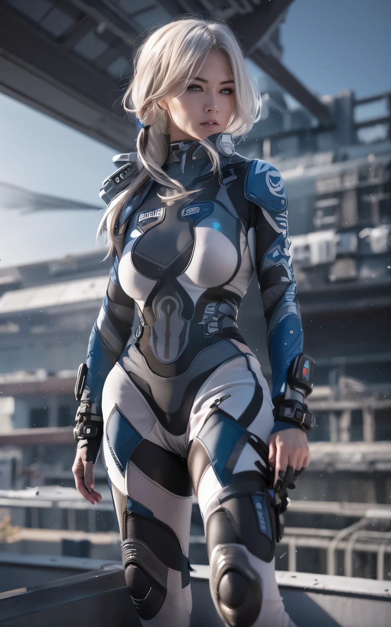 ((Best Quality)), ((masutepiece)), (Detailed: 1.4), (Absurd), Caucasian female fighter pilot ready for war, front walking, muscular sculptural body defined, Closed mouth, muscular body covered by technological clothing, Cyberpunk, ((perfect large breasts)), (blue eyes without pupils), long manga-style eyelashes, close to real, Crazy face, Sexy Pose, Centered, scale to fit the dimensions, nffsw (High dynamic range),Ray tracing,Hyper-Resolution,Unreal 5,Subsurface Dispersion, PBR Texture, Post-processing, Anisotropy Filtering, depth of fields,  Maximum clarity and sharpness, Multilayer textures, Surface Shading, accurate simulation of light and material interactions, Perfect proportions, thirds rule, top-quality, in 8K, ultra-detailliert, Being on the roof of a skyscraper, Smooth bodysuit, spiffy white zero suit