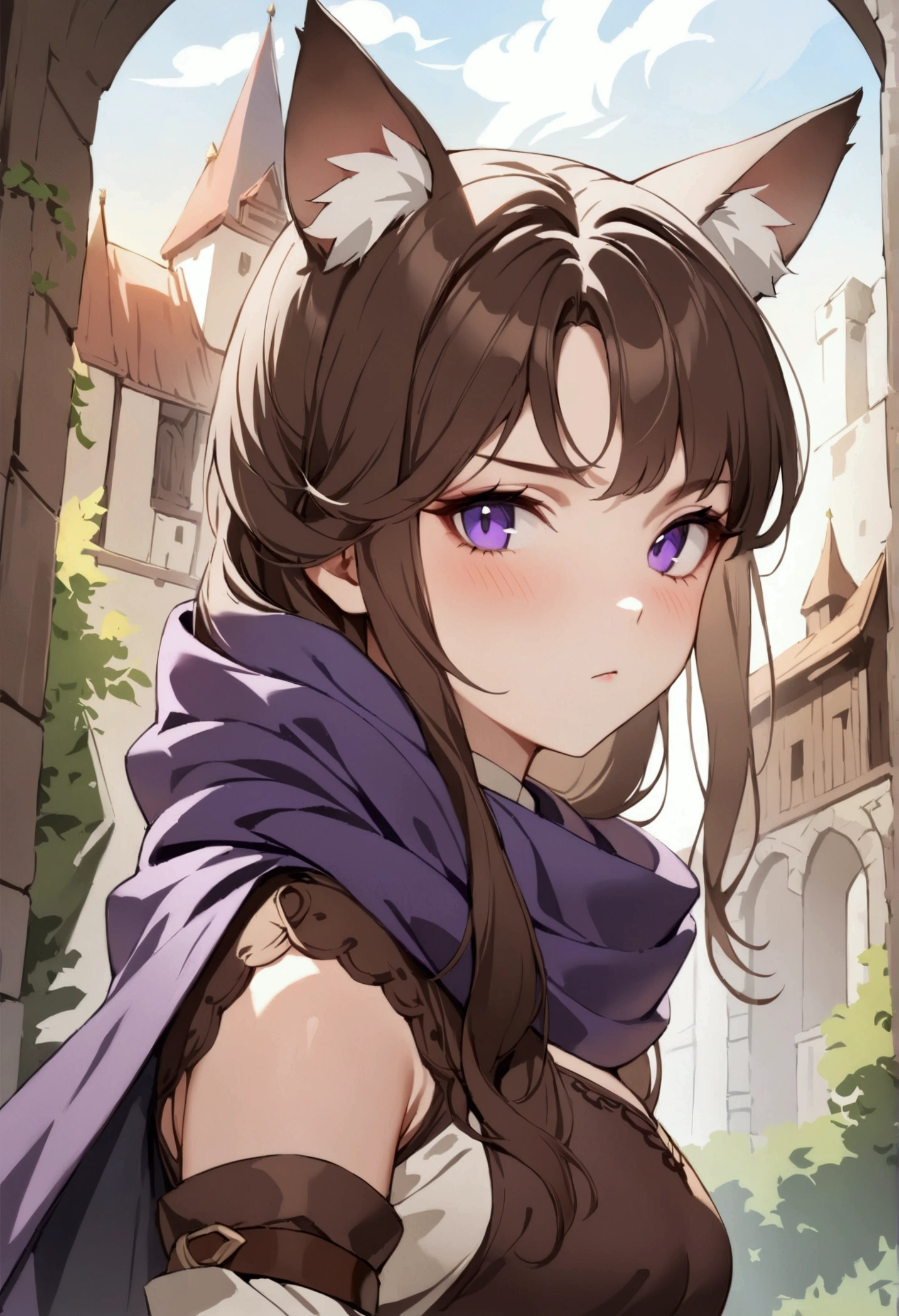 (1girl, Masterpiece, best quality, beautiful) A young cat-woman female with (long length brown hair). brown cat ears with white fur. Neutral, sligthly serious expression. medieval-style dark brown, white and purple outfit. She has purple eyes. She has a brown belt cinched around her waist. She wears brown pants. She's wearing a scarf.
