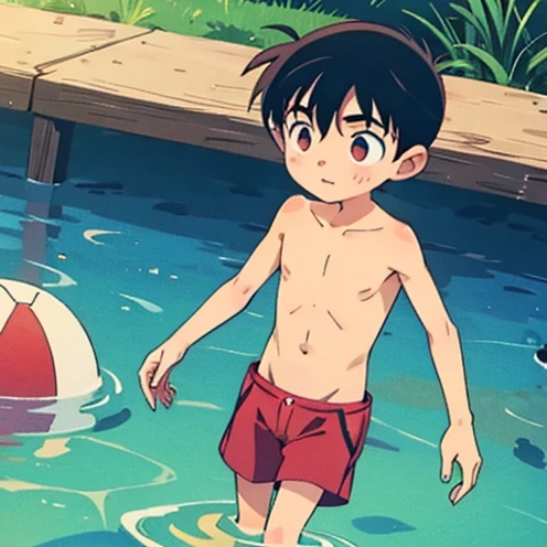 Boys, swimming trunks, Slim Sexy , black hair,  naked body,  Red-Faced, 