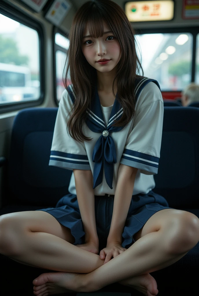 (master piece:1.2), (8K high image quality), (top-quality), (RAW image quality),(Realistic), (Photorealistic:1.37),,,long eyelasher,so sexy,(Live-action realistic style),The Ultimate Face,Photorealistic light and shadow,Best portraits, girl with1People only, cute face,Beautiful detailed eyes, beautiful detailed nose, highlydetailed skin ,((Full-body image)), (Realism: 1.4), Ultra-high resolution,delicate and beautiful face,18year old,(Beautiful Face 1.4),A slender, (I'm wearing a short skirt:1.2),Big,Brightly lit beautiful face,Panties are visible,,((japanese high school sailor dress)),red lipsticks,Lame around the eyes,,Hair length is medium,,Japan schoolgirl in sailor suit,,(((Sleeping on a train seat))),(I'm wearing white panties),((The skirt is turned up and the panties are exposed)),,(It is a close-range shooting),Sleep deeply,Super oversleeping,Super Explosive Sleep,I fall asleep involuntarily,Very sloppy bedding,(I'm sleeping soundly with my eyes closed),- Open your legs wide and your panties are fully visible