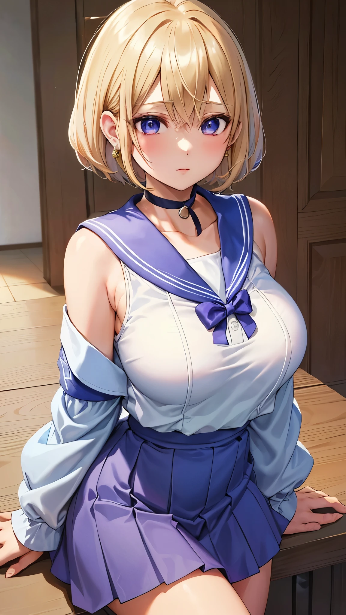 Umino Yuki 、 masterpiece ,  top quality、  top quality,(8k resolution),Beauty、(  looks like an adult), （  Sexy Perfect Style  ）、(  Big Breasts  )、  blonde bob cut、(White and blue sailor suit)、(  blue skirt)、(( Bring your chest closer ))、  purple eyes、 purple earrings 、 purple choker 