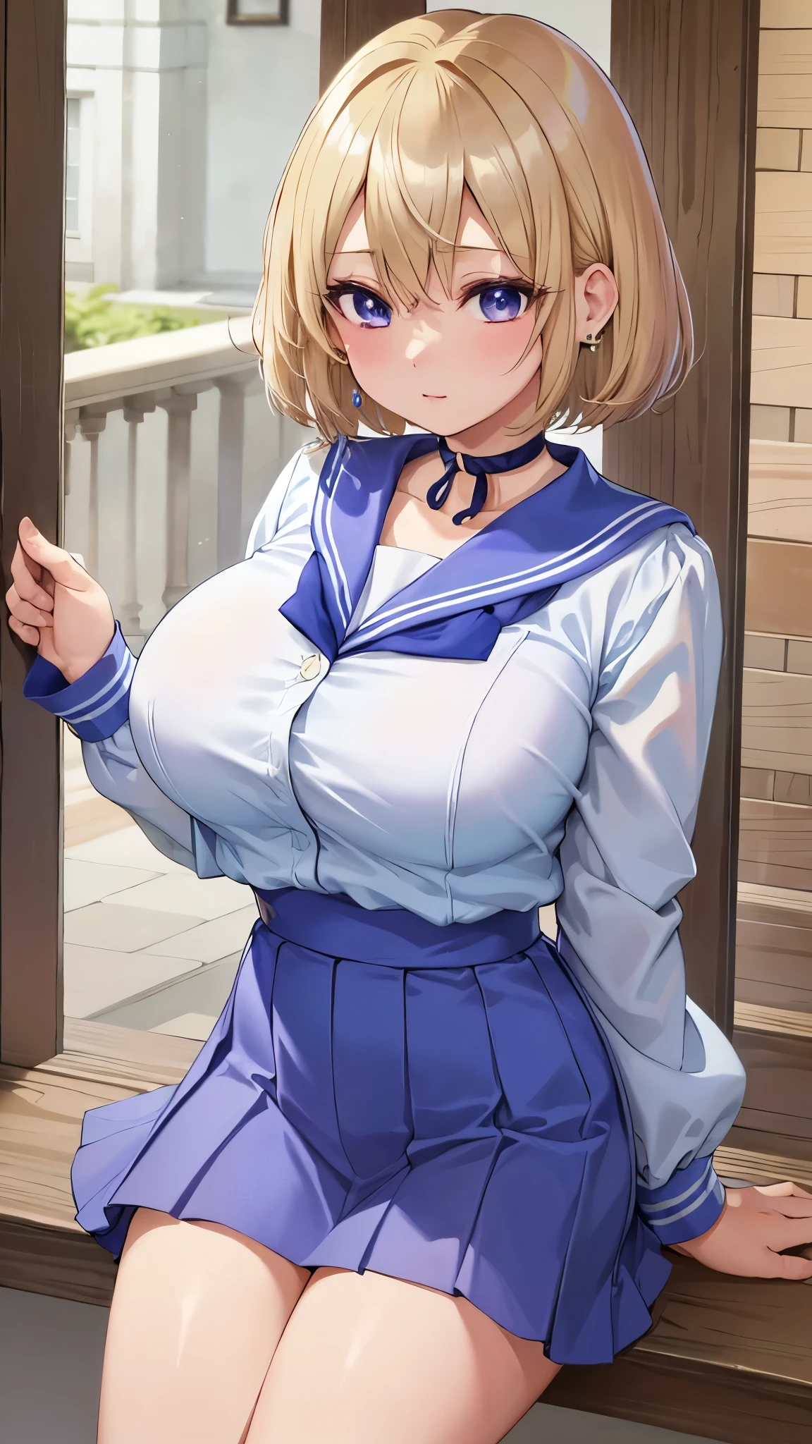 Umino Yuki 、 masterpiece ,  top quality、  top quality,(8k resolution),Beauty、(  looks like an adult), （  Sexy Perfect Style  ）、(  Big Breasts  )、  blonde bob cut、(White and blue sailor suit)、(  blue skirt)、(( Bring your chest closer ))、  purple eyes、 purple earrings 、 purple choker 