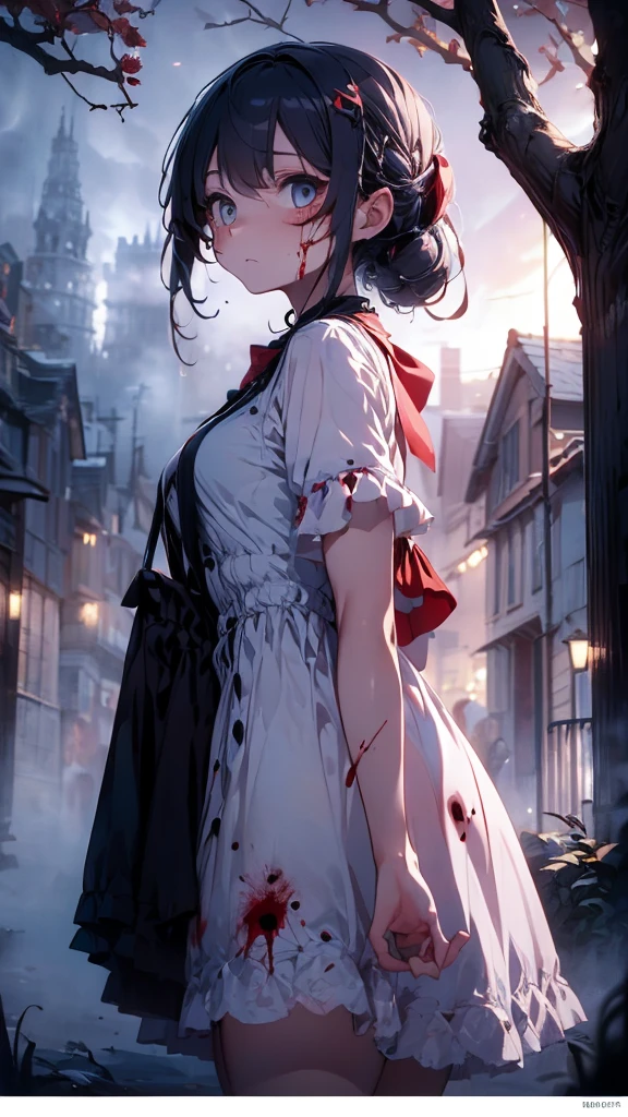 A full-body portrait of a girl wearing a white cloak, surrounded by an atmosphere of solitude, darkness, and oppression. The girl's expression is somber as she stands amidst the gloom, her face partially obscured in shadow. Her white cloak is stained with blood and dirt, reflecting the struggles she has faced. Her hair is disheveled and messy, adding to the overall disarray and turmoil. The composition showcases her profile, revealing a glimpse of her determination and resilience. Behind her, a pair of tattered wings symbolize her desire to break free from her constraints, despite the broken sword she holds, a testament to past battles fought. The overall scene captures a sense of melancholy, depicting the girl's internal struggles and the weight she carries. Executed in a bold and expressive style, with dynamic brushstrokes and a subdued color palette that emphasizes the darkness and heaviness of the atmosphere.