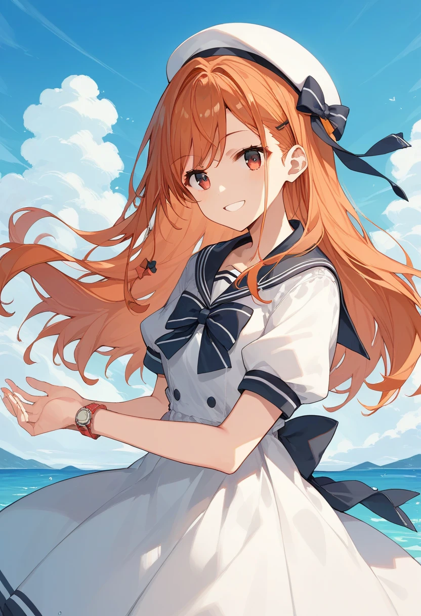  score_9,  score_8_up,  score_7_up,  source_Anime, Arisugawa Natsuha,  long hair,  orange hair,  1 girl , Alone,  have , smile,  Watch Viewers, Short sleeve,  sailor color ,  white headwear,  putting hands on lower back ,  dress, bow, white  dress