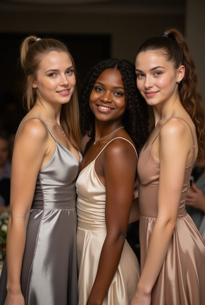 a group of 3 beautiful women with different natural hair colors, wearing amazing dresses