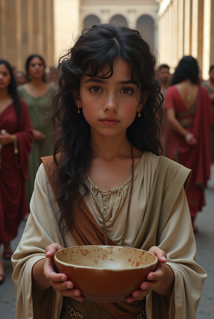 Rome, 77 BC. A little ((((9-year-old)) Julius Caesar)), in a tabern, drinking wine, cheese, ((serious expression)). ((((roman clothings from the 1st century BC))))