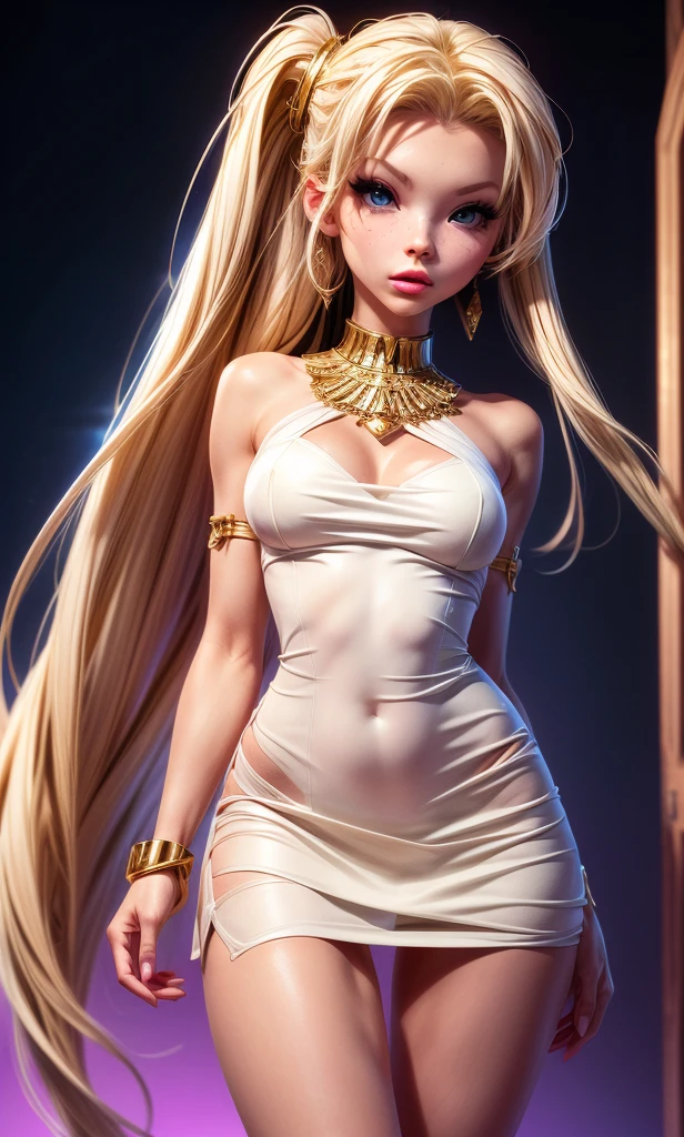  masterpiece, A thin girl, Barbie Sins , beautiful,  full body ,  blond hair , blue eyes, head on,  thin legs ,  small waist ,  short dress , vestido de novia,  white dress , Egyptian traditional dress, skirt,  dark background, pose sexy,