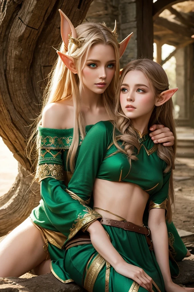 Masterpiece, 2 beautiful mature female elves embracing, chest to chest, beautiful elf dress, passionately kissing, having sex, braided white hair, ((small)) firm perky breasts, slim athletic body, tall, mysterious expression, fantasy forest, HD, (detailed skin texture:1.1), best quality, ultra high res, (photorealistic: 1.4), Raw photo, by Ellen von Unwerth, Nikon D850 Film Stock Photography, F1.6 Lens, Rich Colors, Realistic, Cinestill 800, backlight, rimlighting, sunlight