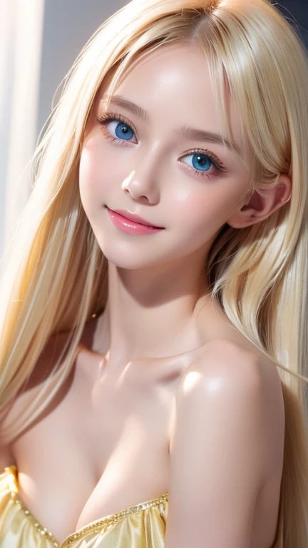 Very white beautiful blonde girl from Scandinavia、 beautiful super long straight silky blonde that shines in a dazzling platinum color、Bright expression、Blonde girl posing in a white top、Long golden bangs between the eyes、 bangs that fall over the eyes、Glossy fair skin、Glowing Cheeks、 REAL GIRLS、first time々A 16-year-old girl with an innocent, ish appearance 、Beautiful girl with shining golden platinum blonde、beautiful, very dazzling, vibrant, incredibly bright, mint-green big eyes、Small Face Beauty、Round face、Big Breasts