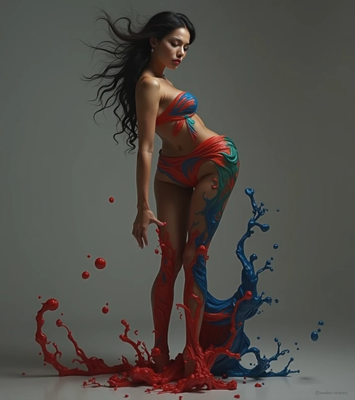 arafed woman with paint on her body and a pitchfork in a hay field, fullbody painting, full body painting, in red paint, bodypainting, full body shoot, bleeding decaying colors!, full - body art, body paint, full body art, professional body paint, weird expressionist pose, bodypaint, concept photoset, full body portrait painting with underwear