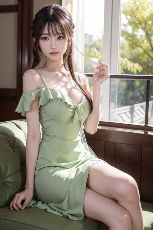 Photo-realistic quality、A 20-year-old Japanese idol sitting on a chair in a room with a window, light green mini dress, 、mini skirt、 Light Green Dress, Cute and elegant pose,, Lovely, Cute pastel colors for a feminine look, Japanese female fashion model, cute sundress,looking at the camera、Detailed and beautiful eyes、Cute smile、Relaxed and gentle expression、A white sheer cloth draped over a table、Silver High Heels

