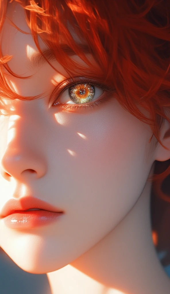  Close-up of a Korean woman's face .
 snow-white skin .
Black eyes , deep, expressive, obfuscating,  Cintilante,  iris shaped like a bright gold star.
 red hair .
thin nose.
 A fleshy and voluminous red mouth .
exposed shoulder.