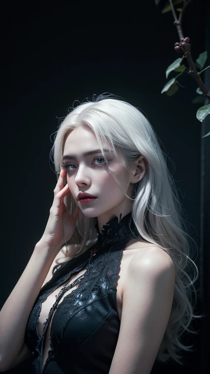 there is a woman with a white hair and a black dress, girl with white hair, white porcelain skin, white eyes, fantasy art style, beautiful fantasy art portrait, fantasy art portrait, in the art style of bowater, dark fantasy style art, cute face. dark fantasy, gothic fantasy art, beautiful and elegant elf queen, perfect white haired girl, dark fantasy portrait, beautiful character painting