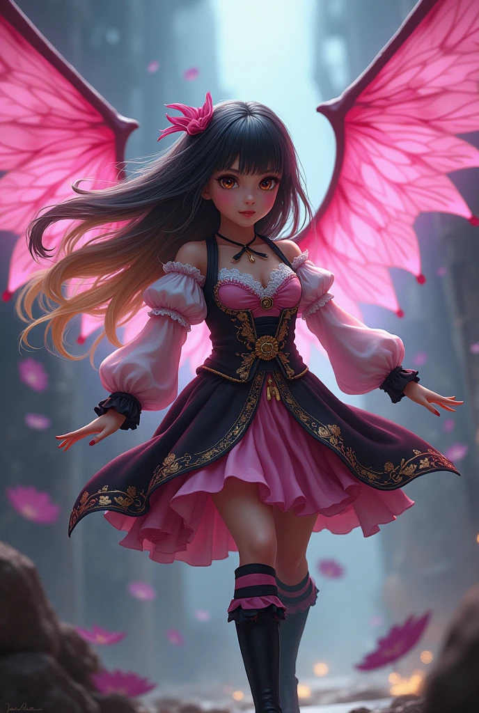  girl hair black and yellow  eye Brown 
dress Pirate Boots Pink black Socks
wings pink fly fight , coslpay dark magical heart girl pink , better