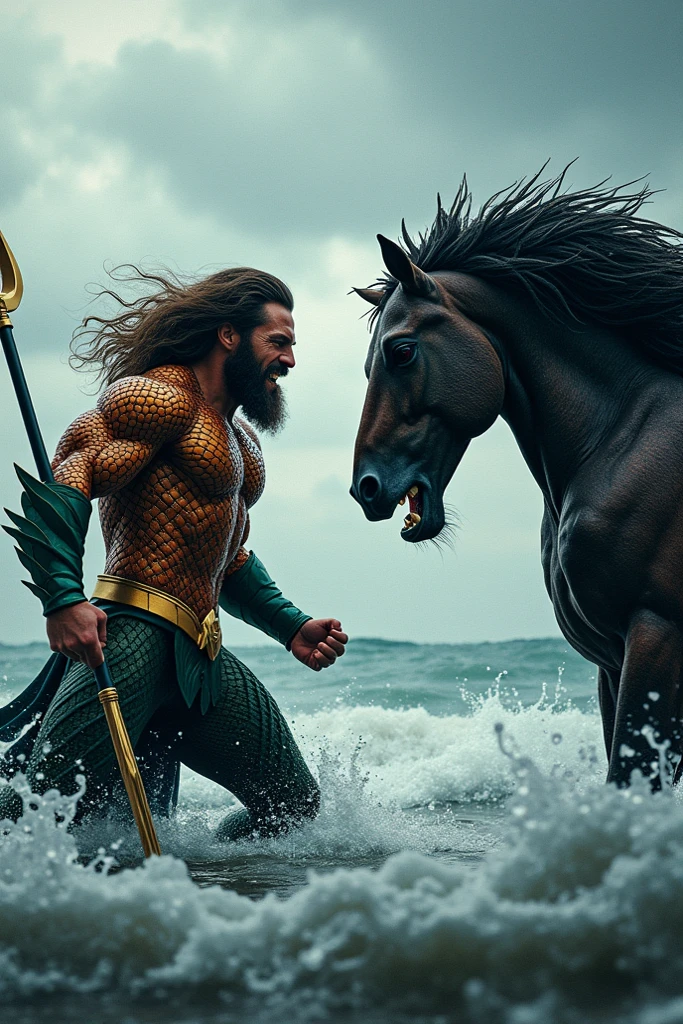 One man with good height and six pack body sitting above the horse with knife on his hand ,he is under the ocean that horse and the man are under the ocean
