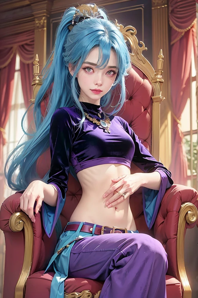 SCHALA, long blue hair, ponytail, purple eyes, long sleeved velvet top, midriff, navel,  purple velvet pants, belt, jewels, sit on throne, rubbing stomach, happy face, royal room, (cinematic lighting, best quality, masterpiece, high details, best quality, highres, HD, 4K, 8k, super detail),