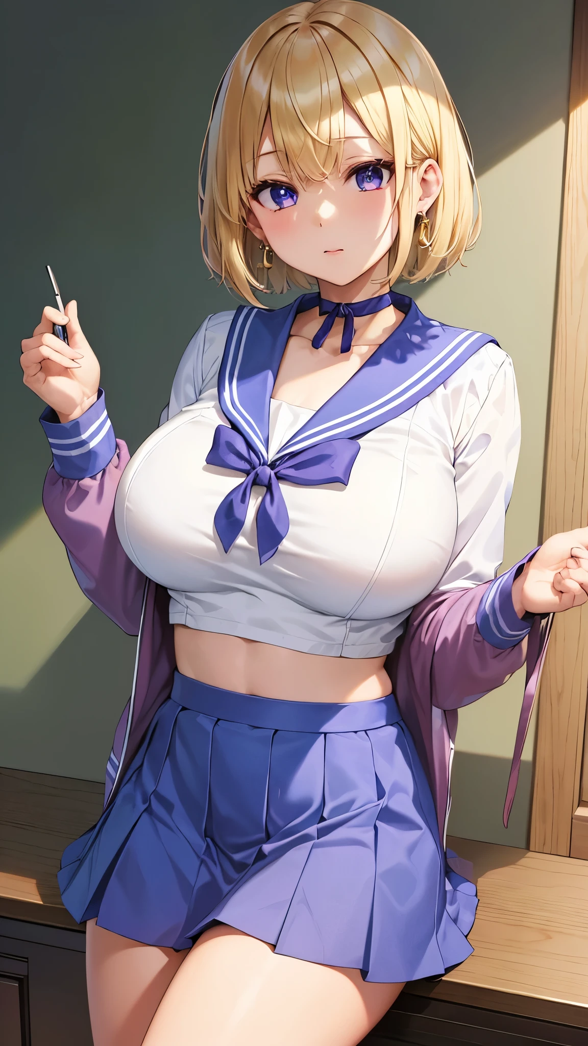 Umino Yuki 、 masterpiece ,  top quality、  top quality,(8k resolution),Beauty、(  looks like an adult), （  Sexy Perfect Style  ）、(  Big Breasts  )、  blonde bob cut、(White and blue sailor suit)、(  blue skirt)、(( Bring your chest closer ))、  purple eyes、 purple earrings 、 purple choker 