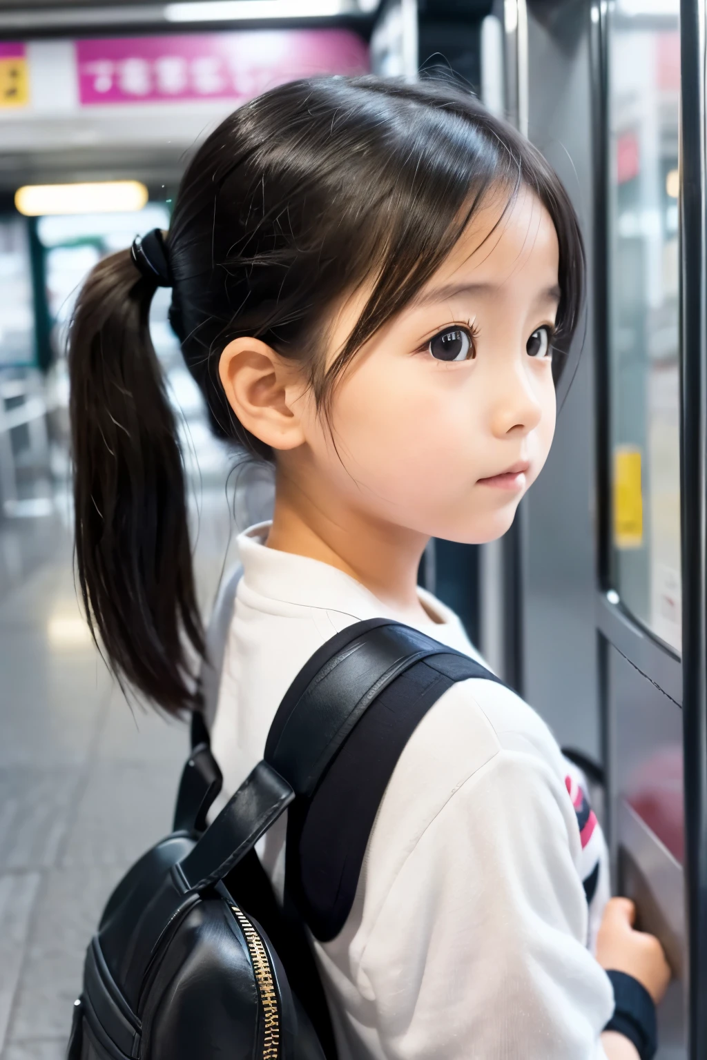 female child, small breasts, (fidgeting:1.4),long hair, bangs, (Hair in strong winds:1.3),
Advanced transportation hub with trains,Reflected sunlight from a shiny surface,Looking over the shoulder, skirt,Cheerful,Tilt-Shift Photography,
(backpack:1.2),hawawa, disappointment, fear, , surprised, looking at viewer