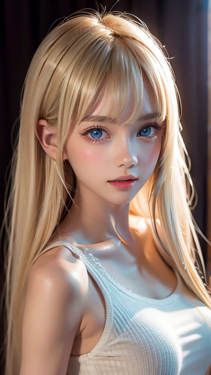Very white beautiful blonde girl from Scandinavia、 beautiful super long straight silky blonde that shines in a dazzling platinum color、Bright expression、Blonde girl posing in a white top、Long golden bangs between the eyes、 bangs that fall over the eyes、Glossy fair skin、Glowing Cheeks、 REAL GIRLS、first time々A -yeld giwith an innocent, ish appearance 、Beautiful girl with shining golden platinum blonde、beautiful, very dazzling, vibrant, incredibly bright, mint-green big eyes、Small Face Beauty、Round face、Big Breasts