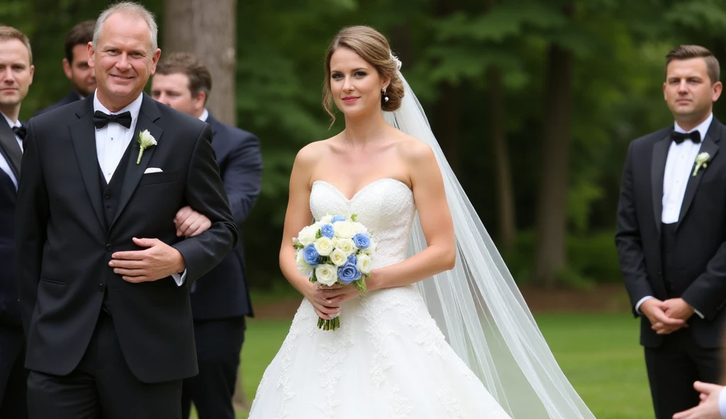 bride standing waiting for her groom to walk down the aisle. with exposed pussy