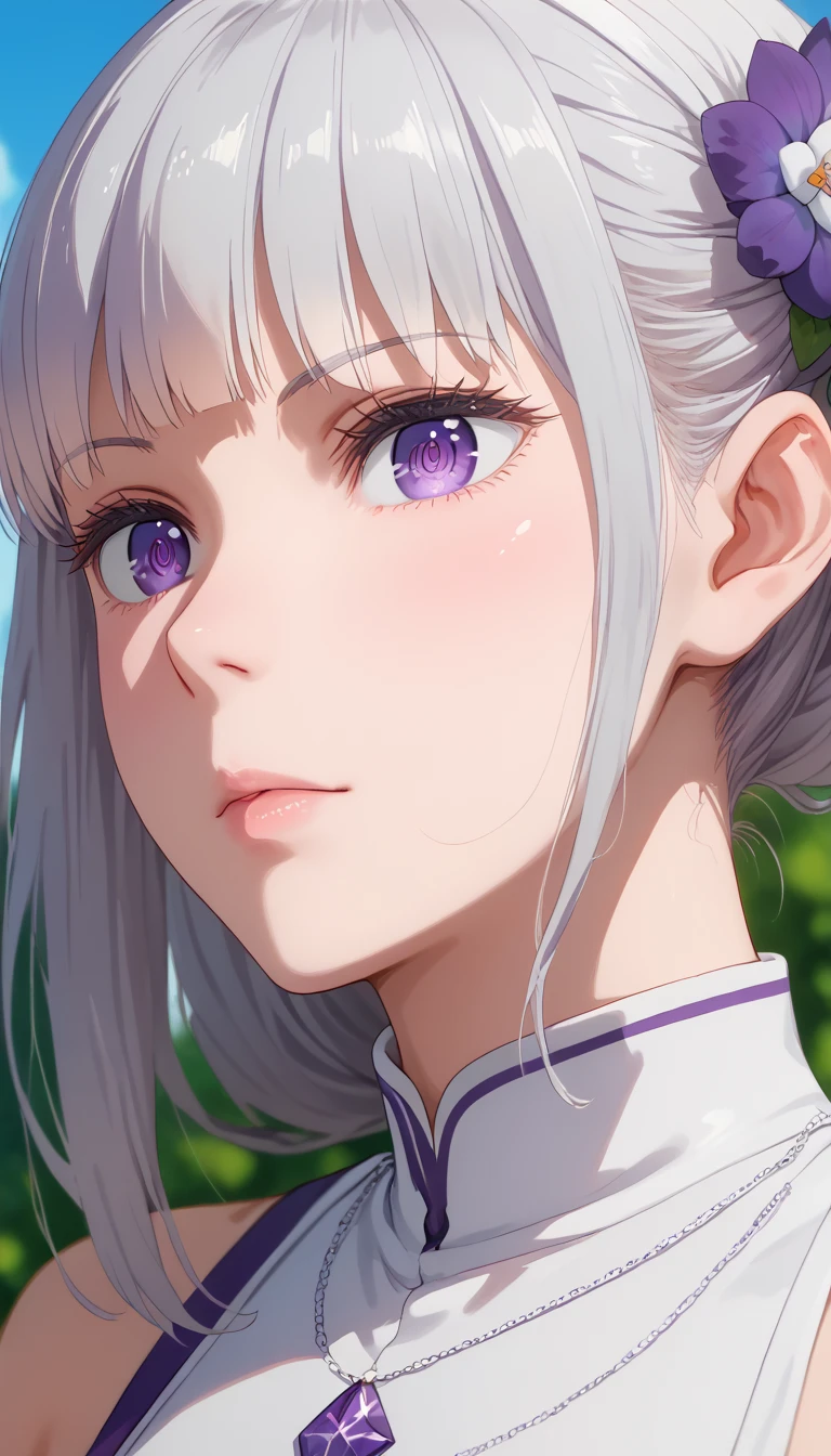 1girl, (Emilia), purple eyes, blue pupils, silver hair, detailed hairstyle, hair flower, close up, depth of field